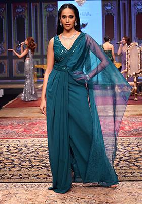 Teal Pre-Stitched Saree With Attached Blouse And Belt