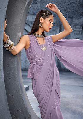 Lavender Embroidered Peplum Pre-Stitched Saree with Attached Blouse 