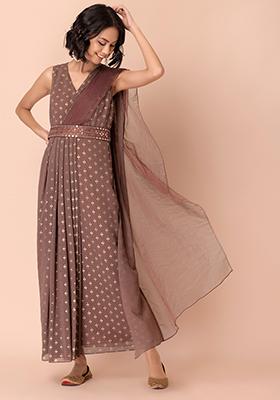 Dusty Pink Foil Belted Pre-Stitched Saree with Attached Blouse