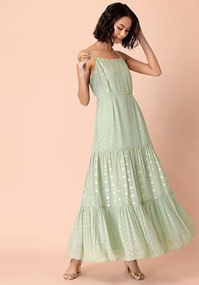 Light Green Foil Print Tiered Kurta
