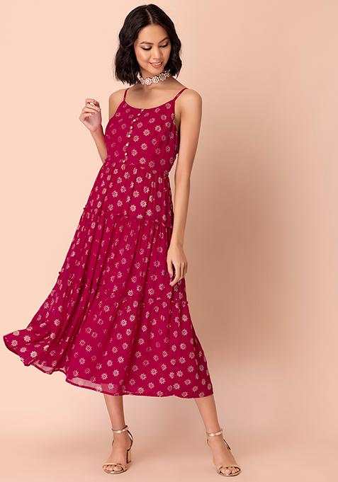 Hot Pink Foil Strappy Tiered Kurta 