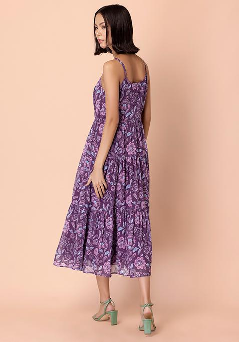 Buy Women Purple Floral Tiered Strappy Kurta - RTW - Indya