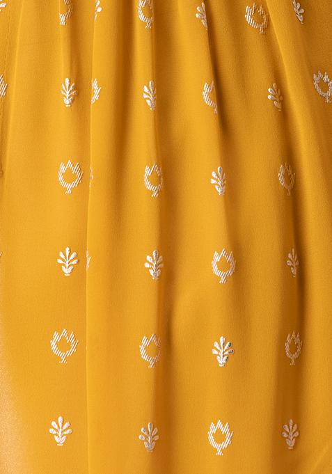 Buy Women Yellow Foil Off Shoulder High Slit Kurta - RTW - Indya