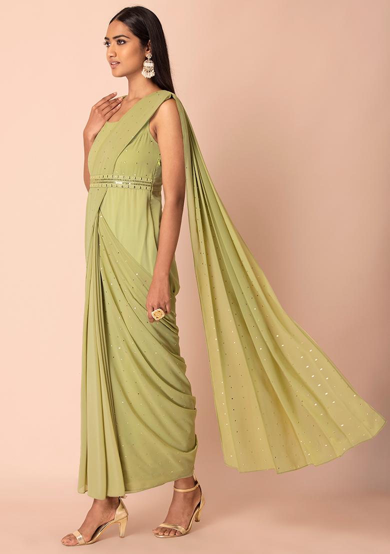 Buy Women Light Green Foil Print Pre-Stitched Saree With Attached Blouse -  RTW - Indya