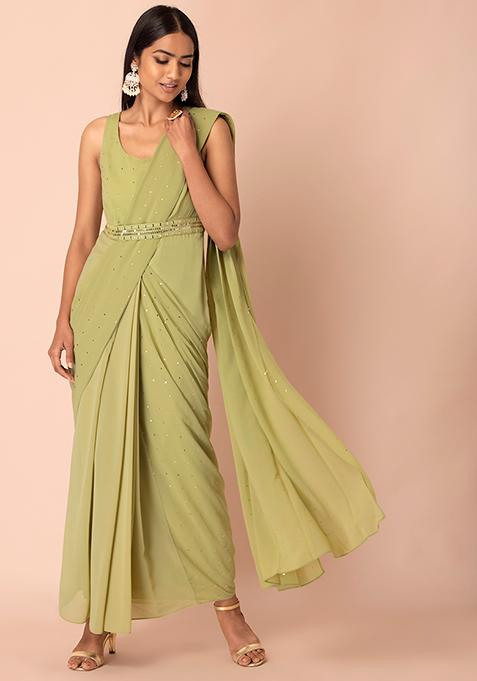 Light Green Foil Print Pre-Stitched Saree With Attached Blouse