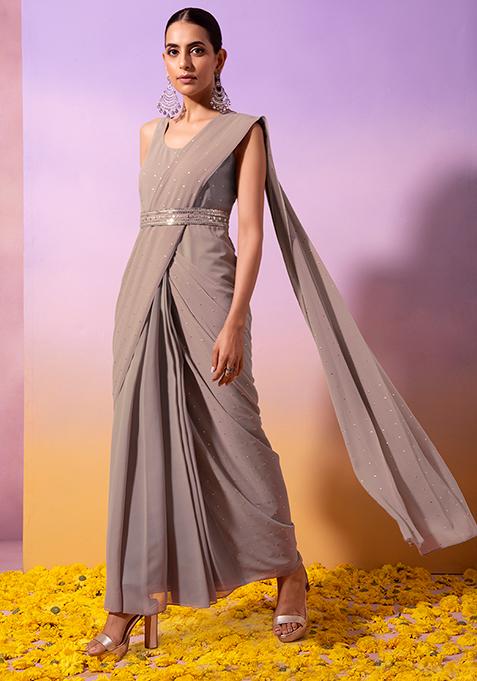 Grey Foil Print Pre-Stitched Saree with Attached Blouse