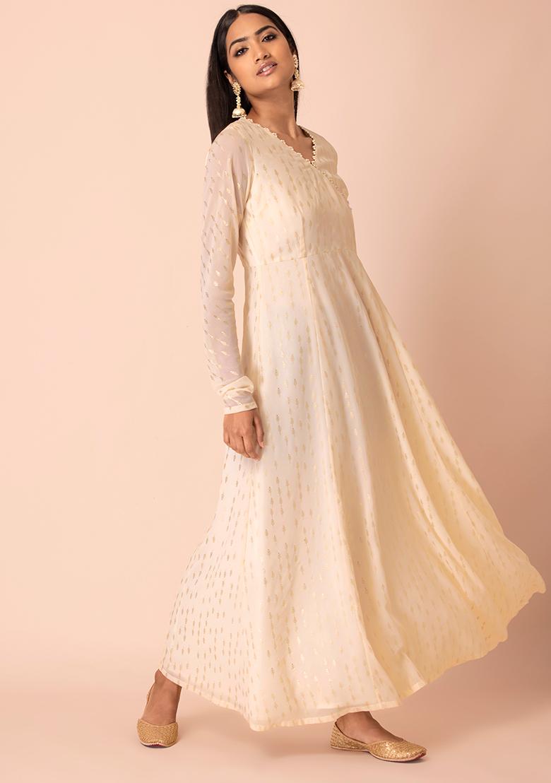 Buy Women Ivory Foil Churidar Sleeve Angrakha Kurta - Indya 300 ...