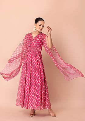 Pink Dabu Print Elongated Sleeve Maxi Kurta