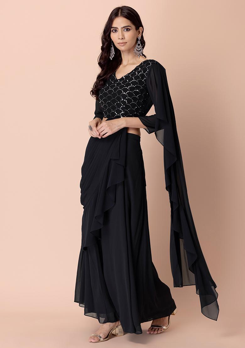 Black Dabu Print Embroidered Pre-Stitched Saree With Attached Blouse