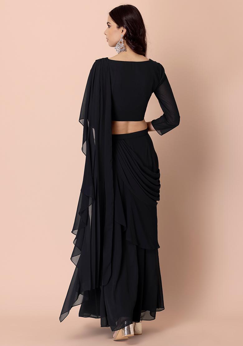 Black Dabu Print Embroidered Pre-Stitched Saree With Attached Blouse