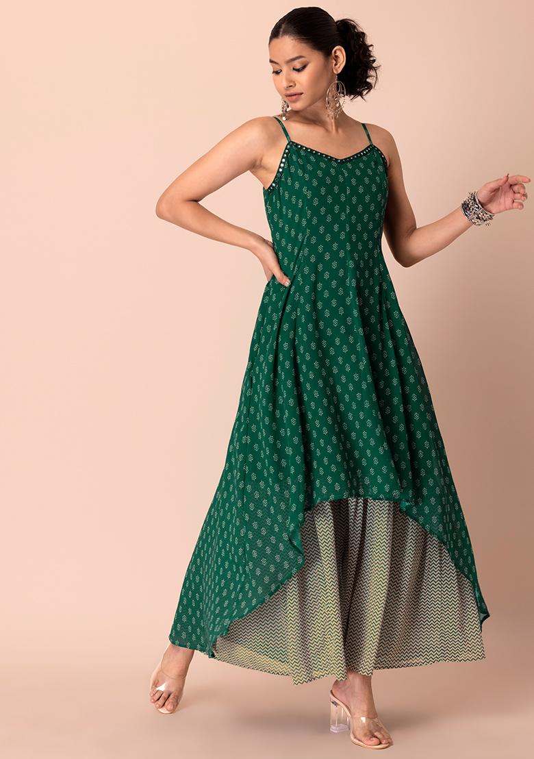 Buy Women Green Foil Double Dupatta Belted Kurta - Feed-Kurtas - Indya |  Green prom dress, Green wedding dresses, Emerald green prom dress
