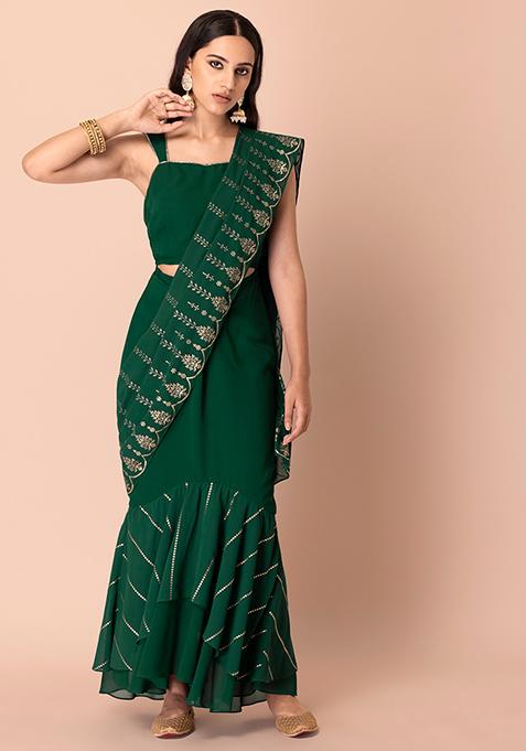 Green Foil Print Fish Cut Pre-Stitched Saree with Attached Blouse