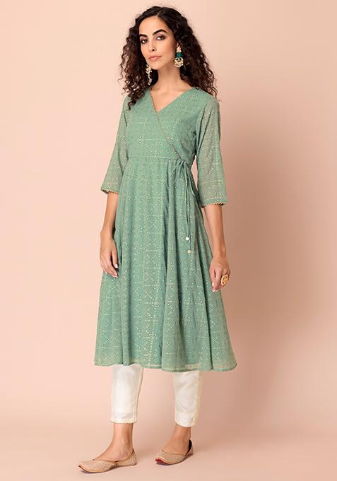Green Foil Printed Festive Kurta with Sequin Lace