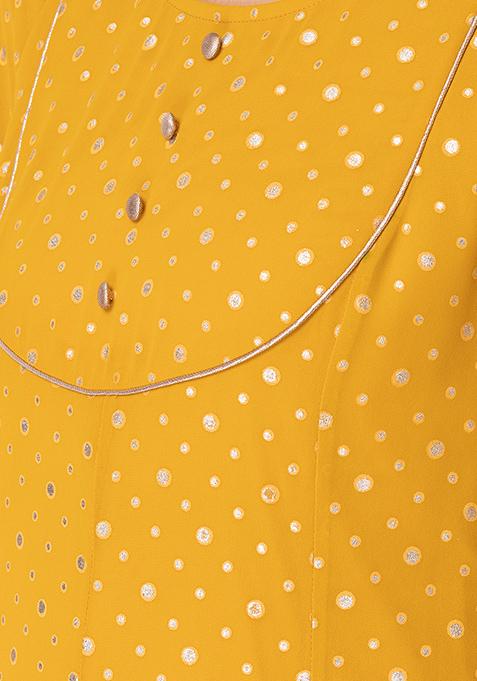 Women's Mustard Organza Foil Print Anarkali Kurta Pant With Dupatta