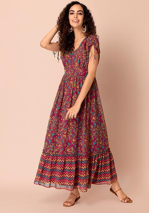 Buy Women Pink Kalamkari Printed Tiered Kurta - Exclusive Deals - Indya