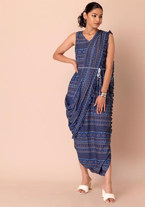 Blue Printed Belted Jumpsuit with Attached Dupatta 