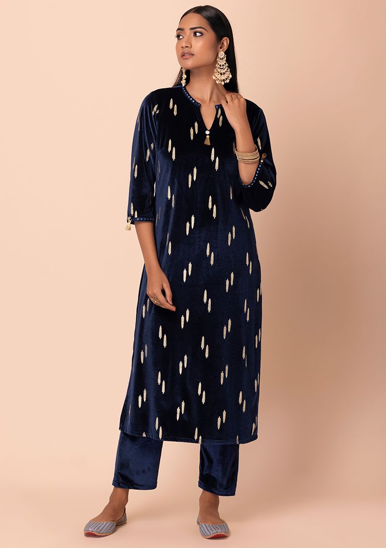 Buy Women Blue Foil Print Mirror Lace Velvet Straight Kurta - Rtw - Indya