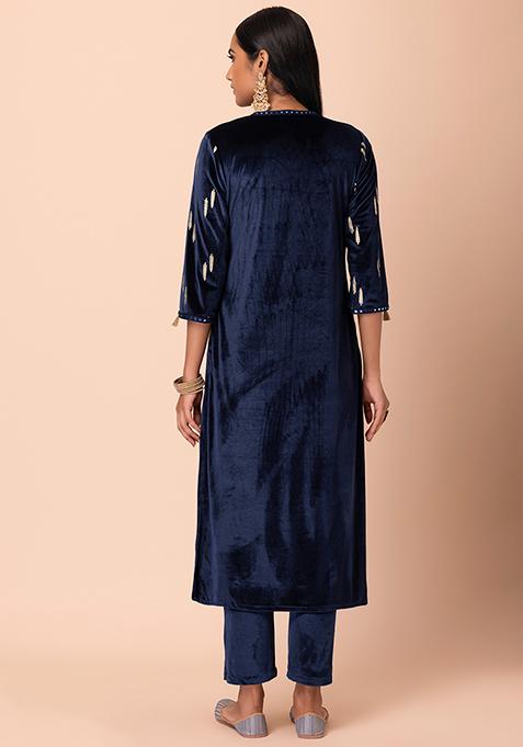 Blue Printed Velvet Straight Kurta With Dupatta