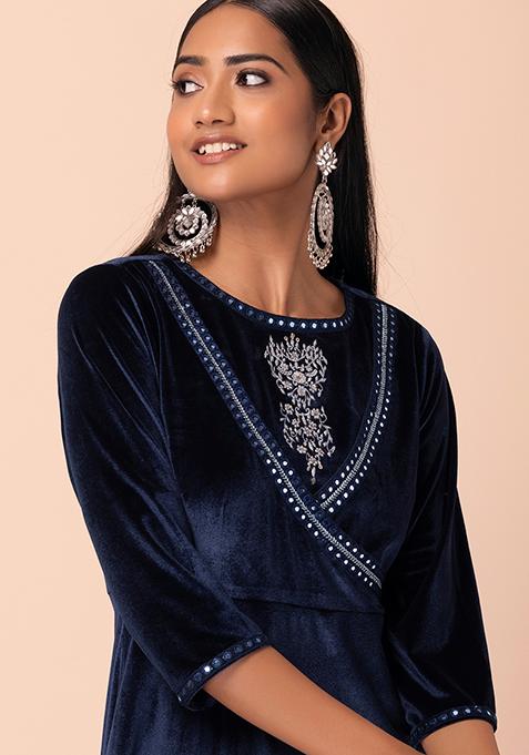Women Burgundy Mirror Embroidered Angrakha Top
