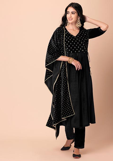 Black Sequin Embroidered Velvet Angrakha Kurta