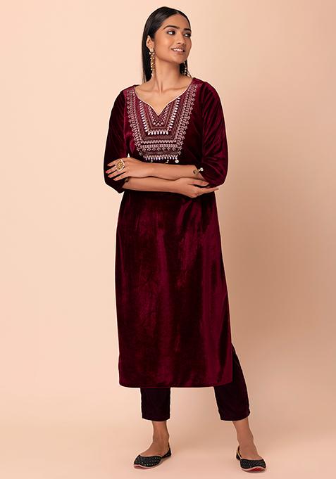 Marron & Gold Toned Yoke Design Embroidered Straight Kurta With Sharara & Dupatta