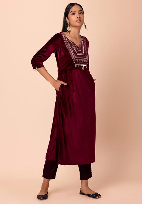 Marron & Gold Toned Yoke Design Embroidered Straight Kurta With Sharara & Dupatta main image 1
