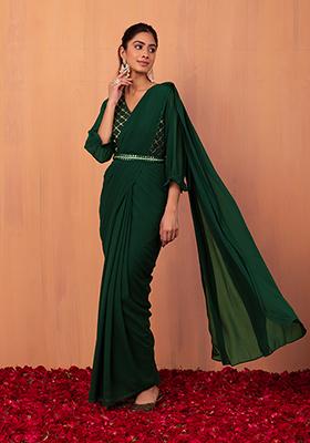 Dark Green Pre-Stitched Saree With Attached Embroidered Blouse And Belt (Set of 2)