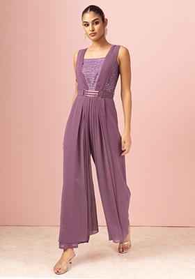 Purple Sequin Embroidered Jumpsuit With Belt And Attached Drape (Set of 2)