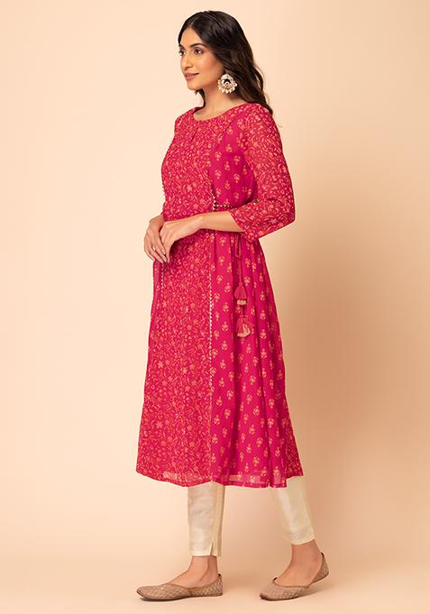 Pink Tropical Print Criss-Cross Tie-Up Cotton Kurta Top