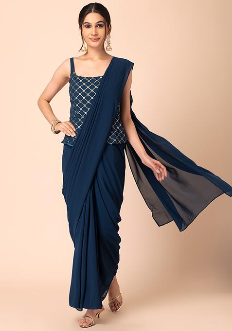 Teal Blue Pre-Stitched Saree with Attached Sequin Peplum Blouse