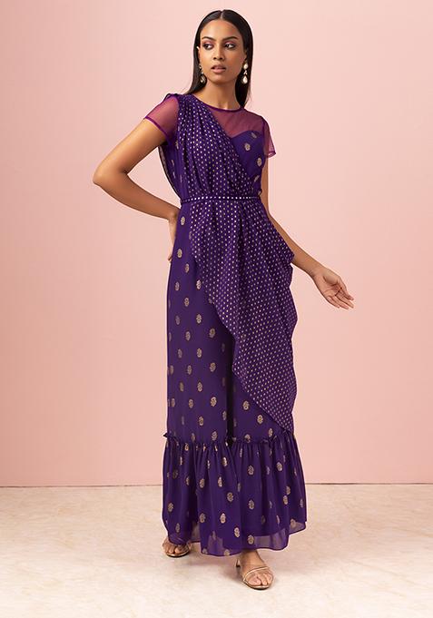 Purple Foil Print Jumpsuit With Attached Dupatta And Belt (Set of 2)