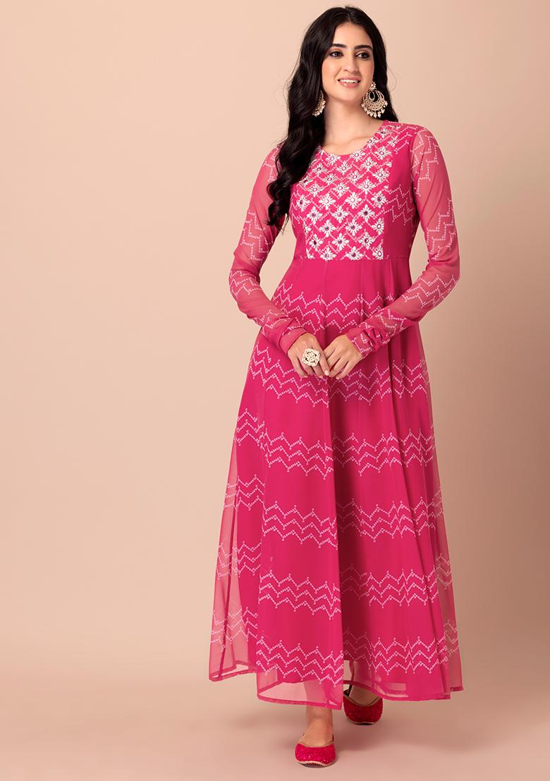 Buy Women Pink Mirror Embroidered And Chevron Print Anarkali Kurta