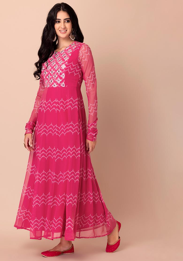 Buy Women Pink Mirror Embroidered And Chevron Print Anarkali Kurta