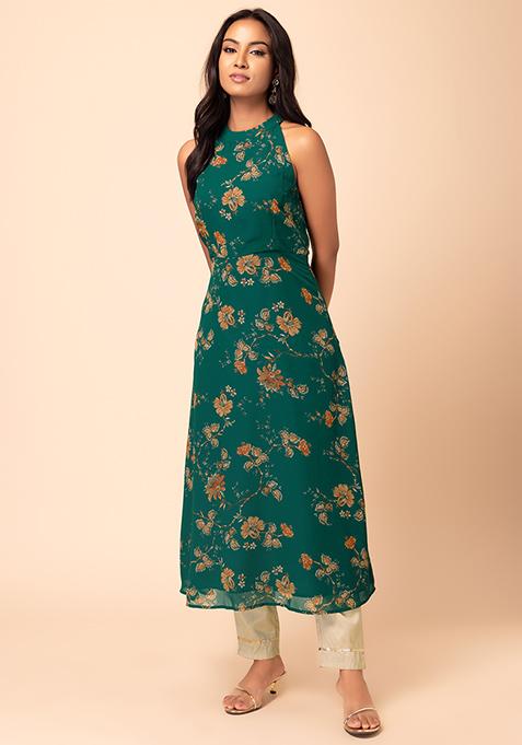 Blue Floral Print Maxi Dress