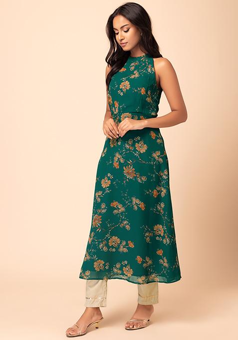 Blue Floral Print Maxi Dress