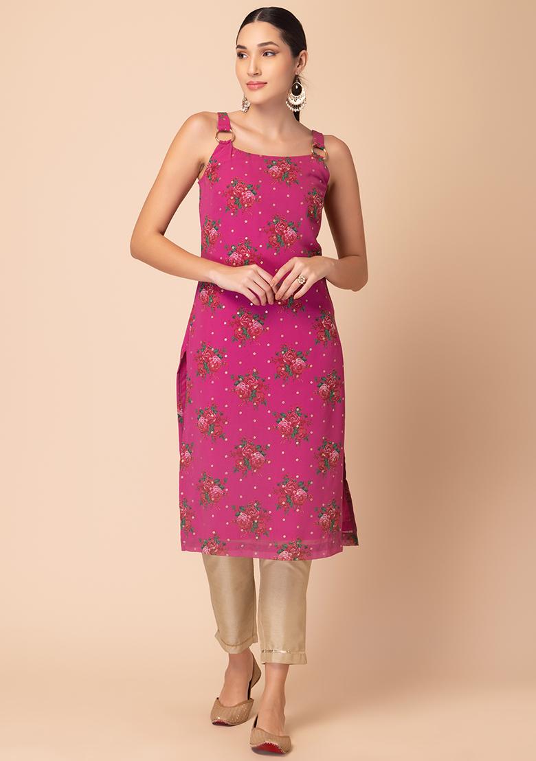 Hot Pink Floral Print Strappy Straight Kurta