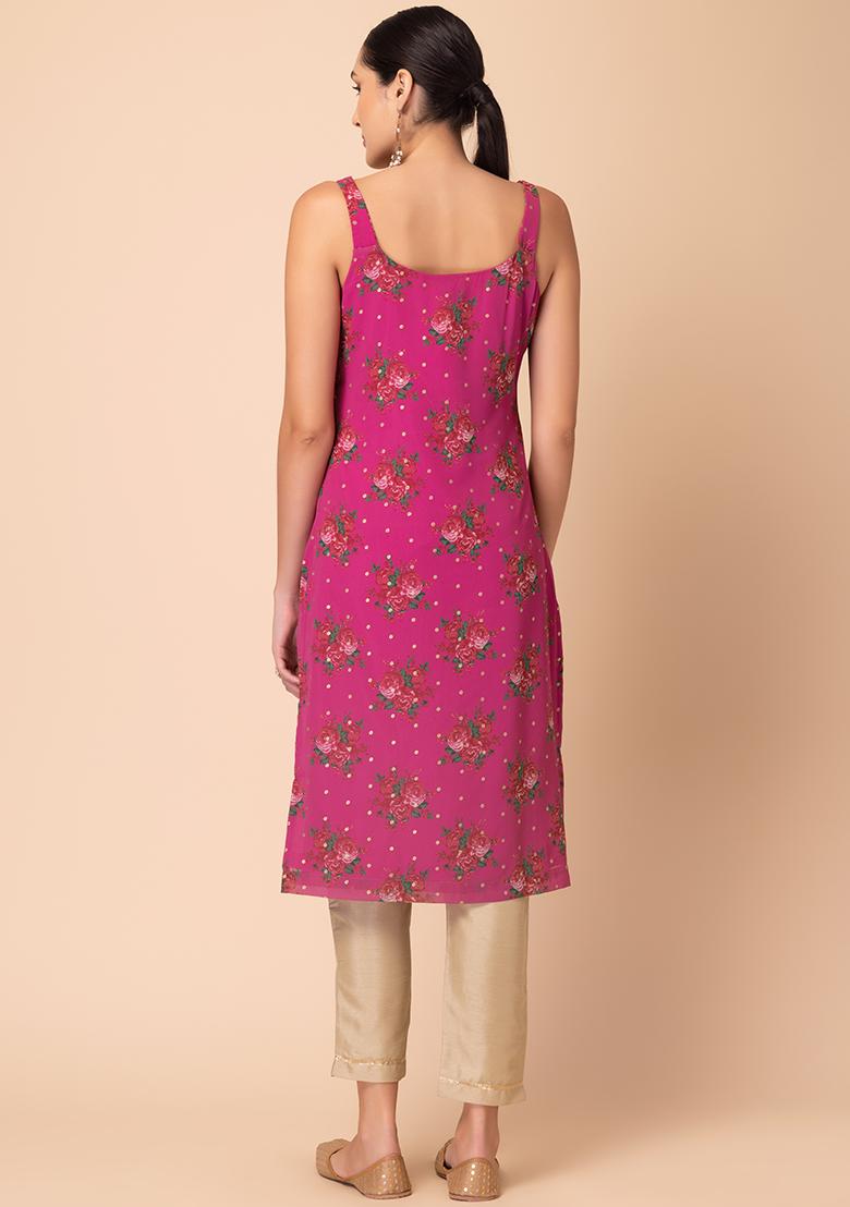 Hot Pink Floral Print Strappy Straight Kurta