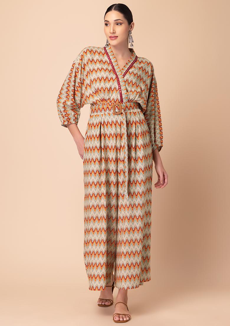 Multicolour Printed Kimono Jumpsuit With Belt