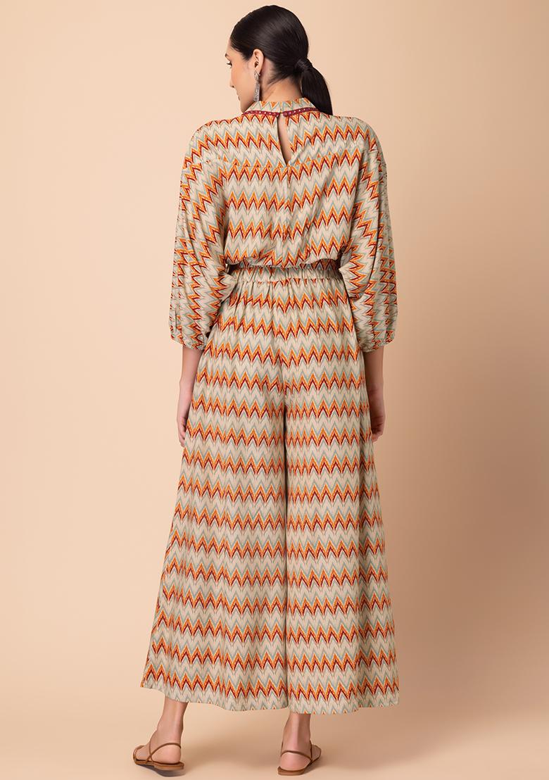 Multicolour Printed Kimono Jumpsuit With Belt