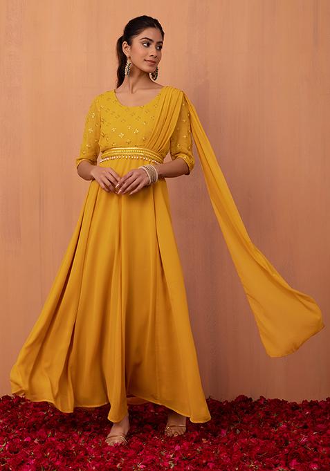 Yellow Sequin Embroidered Kurta With Attached Dupatta And Belt