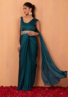 Teal Pre-Stitched Saree With Attached Blouse And Embroidered Belt