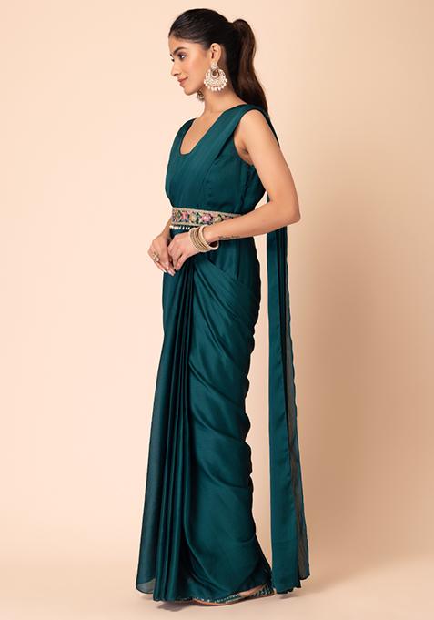 Buy Women Teal Pre-Stitched Saree With Attached Blouse And Embroidered ...
