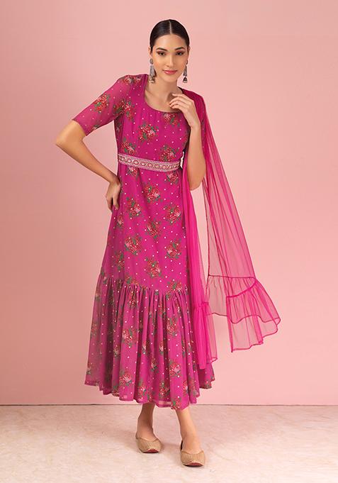 Hot Pink Foil Print Kurta With Attached Dupatta And Embroidered Belt