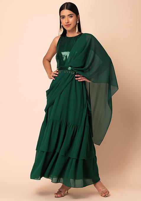 Buy Women Green Pre-Stitched Saree With Attached Sequinned Blouse And ...