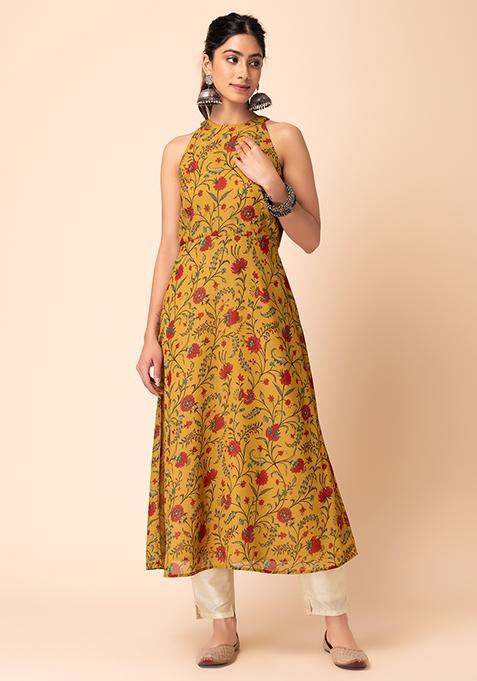Mustard Yellow Floral Print Halter Neck A-Line Dress