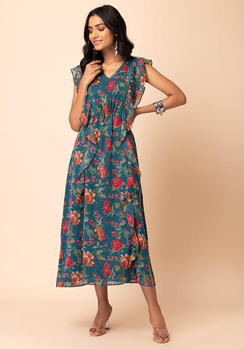 Teal Blue & Off White Floral A-Line Maxi Dress