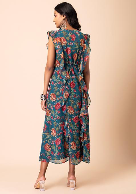 Buy Women Teal Blue Floral Print Ruffled Maxi Dress - RTW - Indya