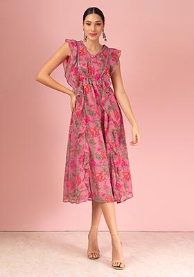 Light Pink Floral Print Ruffled Maxi Dress