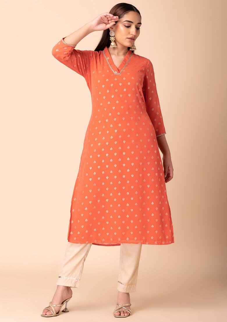Orange Foil Print A-line Kurta