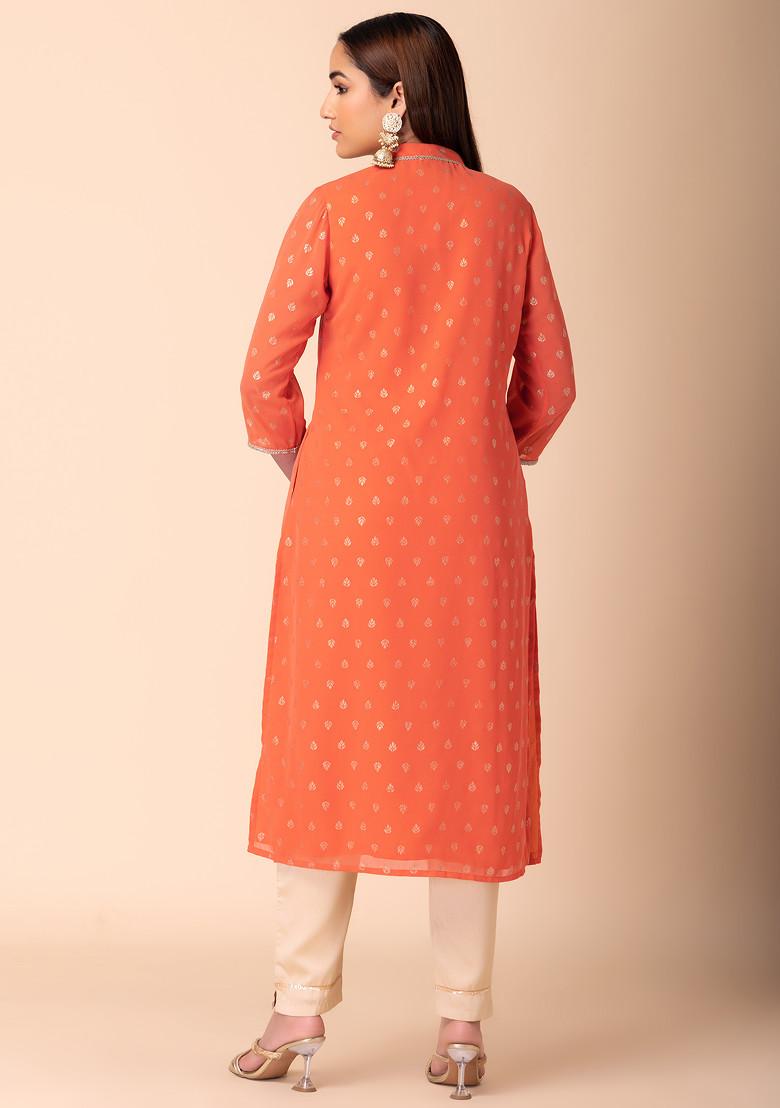 Orange Foil Print A-line Kurta